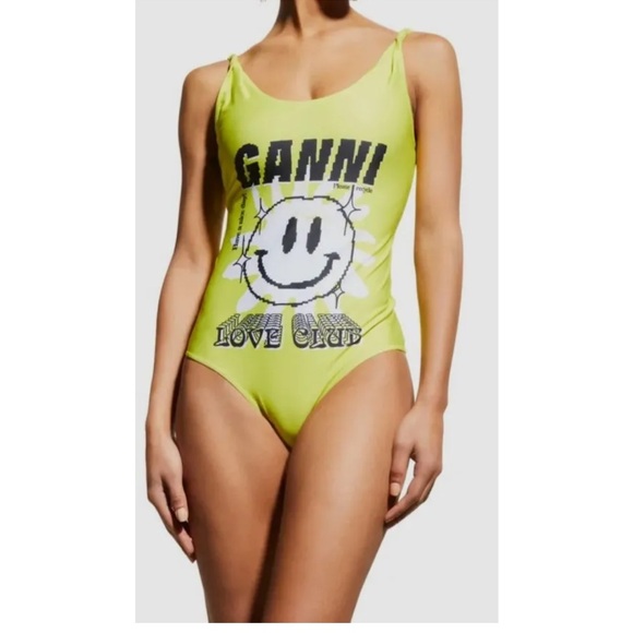 NEW • Ganni • Women's blazing Yellow Recycled Graphic One-Piece Swimsuit Love - Picture 1 of 6